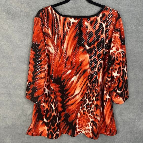 Susan Graver Top Womens 1X Red Animal Print Sequin Party Holiday Tunic Stretch - Picture 5 of 11